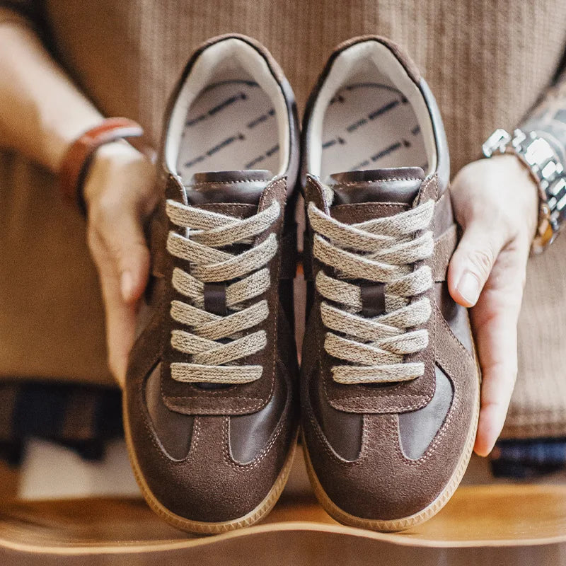 Maden novo clássico marrom emendado alemão treinador sapatos planos de cano baixo para outono e inverno masculino sapatos casuais de renda
