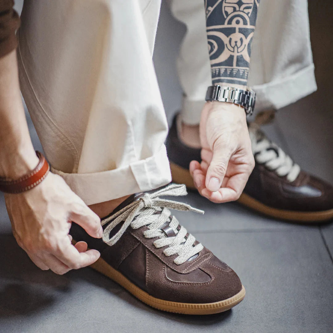 Maden novo clássico marrom emendado alemão treinador sapatos planos de cano baixo para outono e inverno masculino sapatos casuais de renda